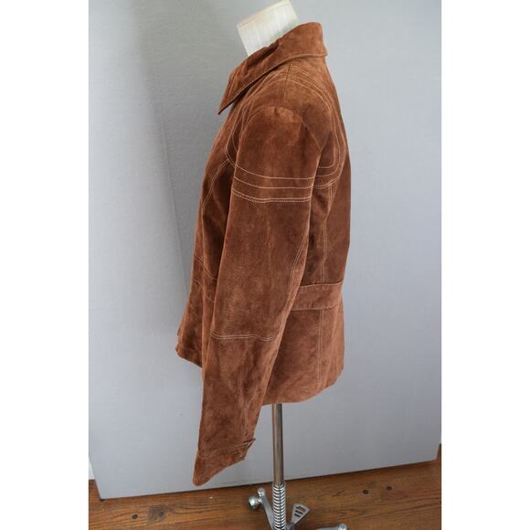 Vtg Wilsons Women Brown Suede Leather Coat Jacket Large 90's Zip Contrast Penny - Picture 3 of 7